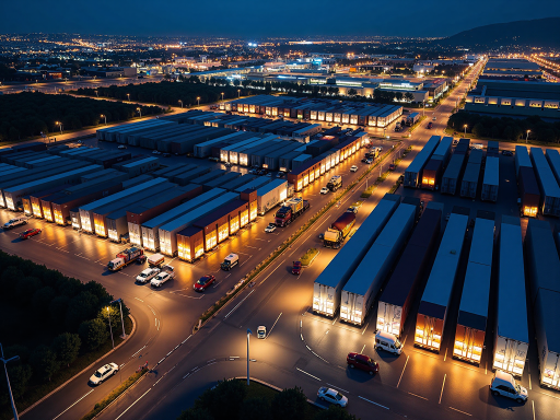 现代化工业园区鸟瞰图，高科技建筑群，蓝天白云，象征企业发展前景